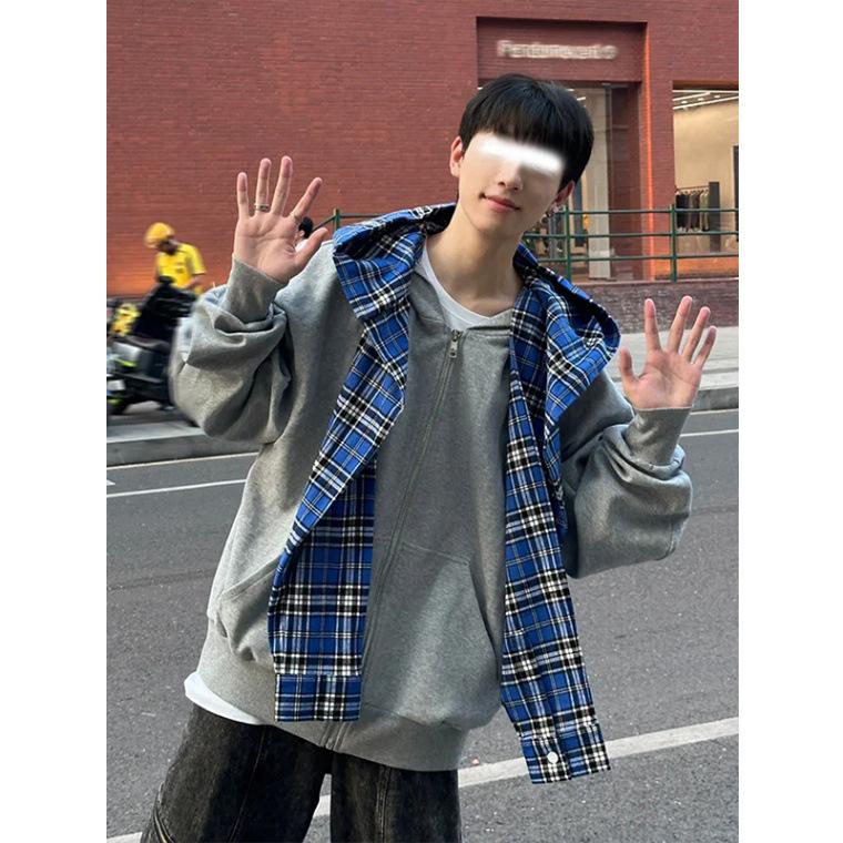 Men's Two-Piece Look Cardigan Hoodie, Spring/Autumn 2024 Trend, Heavyweight Patchwork Zipper Jacket
