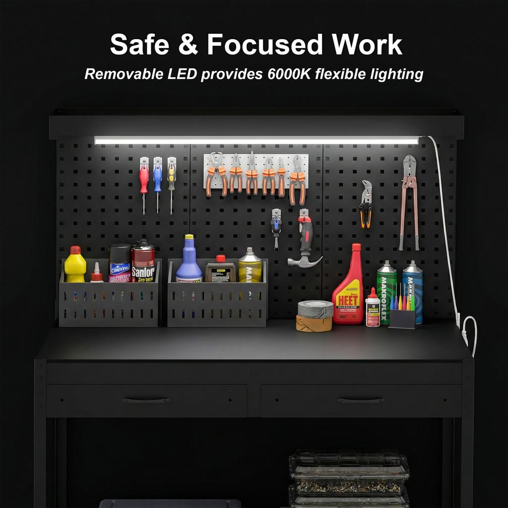 110 cm Workbench with Pegboard, Heavy Duty Work Table with Power Strip and LED Light, Black