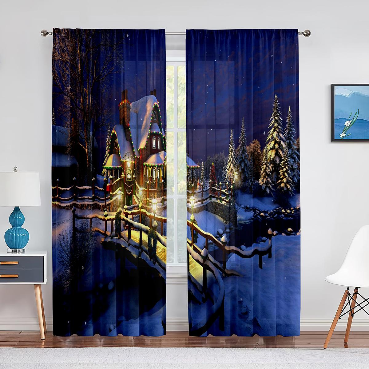 

Рождественский веселый снеговик Санта-обнимающее дерево Тюлевые оконные занавески из прозрачной вуали для гостиной, украшения для спальни 1 PCS W600XH250cm&Rod Pocket