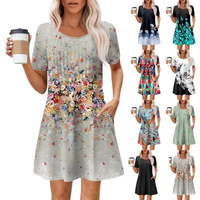Women's Summer Dress Loose Beach Vacation Casual Round Neck Short Sleeve Sundress With Pocket Short Sleeve Shirt Dress