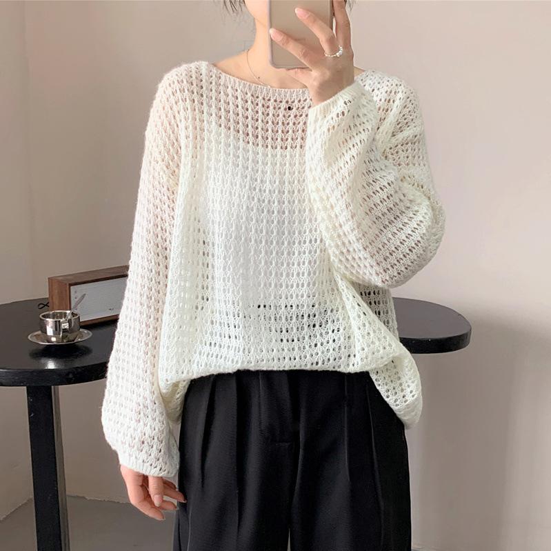 

Hollow Long-sleeved Knit Sweater Women 2026 Summer Thin Breathable Loose Hoodie One Size белый