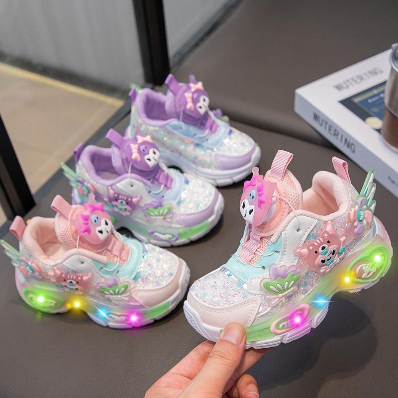 Girl Cartoon Rotating Button Sneakers - New Style with Soft Sole and Illuminated Shoes
