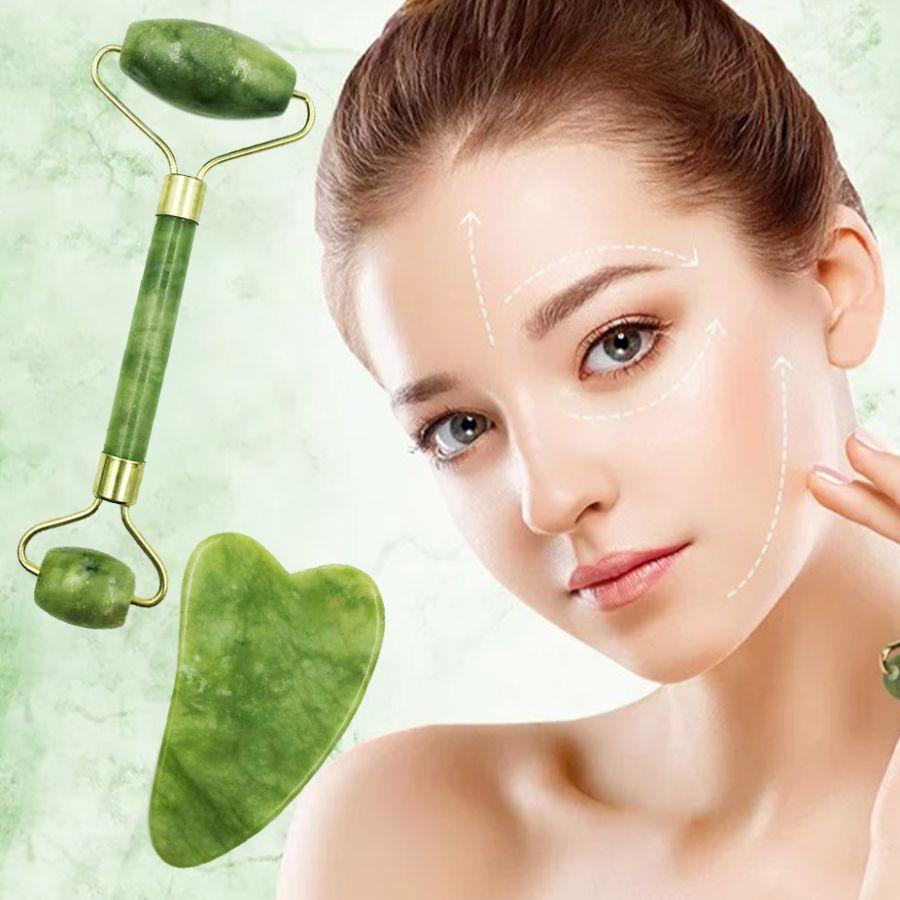 Gua Sha Tool Facial Beauty Device Body Massage Device Facial Roller Exquisite Skincare Scraping Sheet Combination Set Green