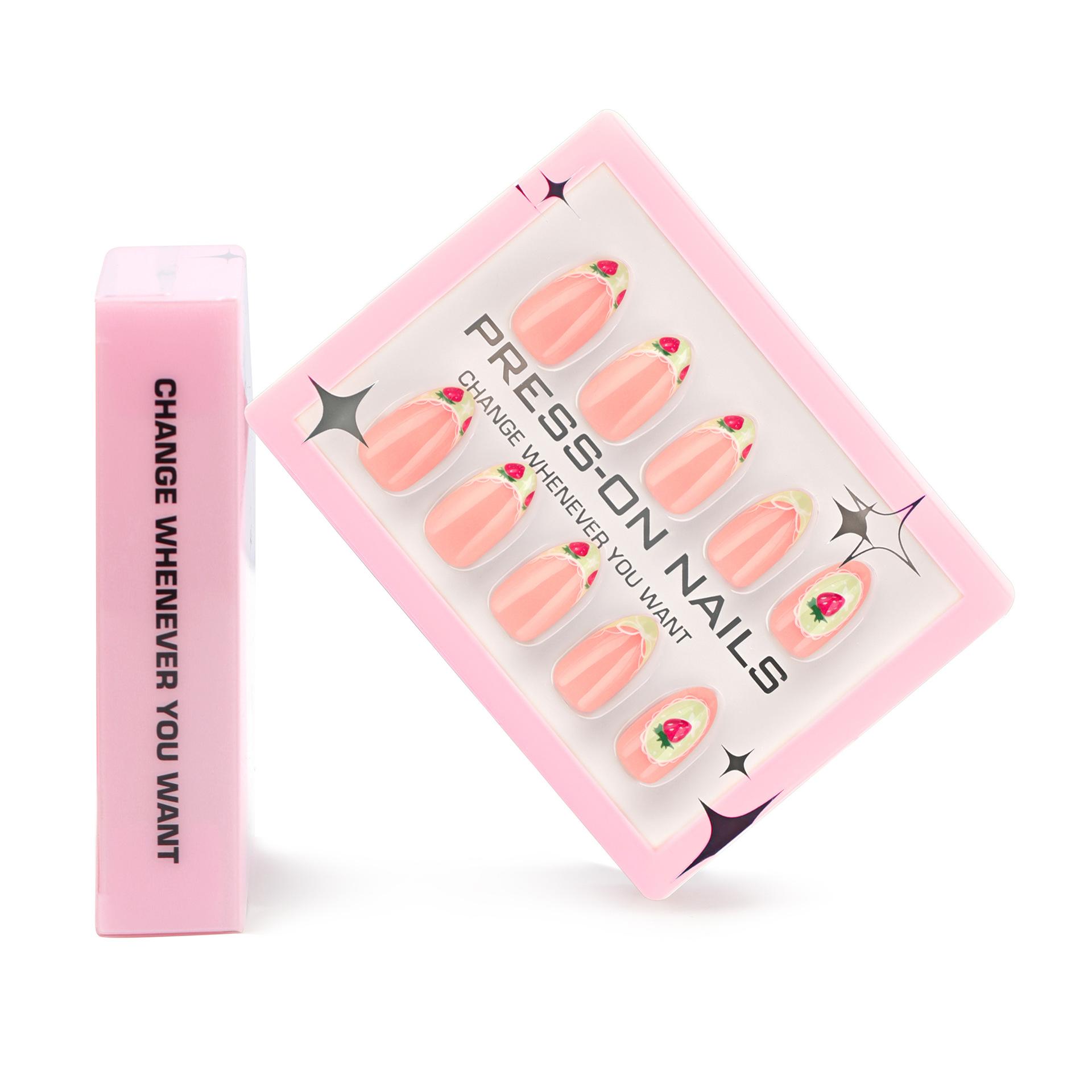 High sense 30 pieces, boxed French manicure nail pieces, short almond nail pieces, fresh strawberry nail pieces.
