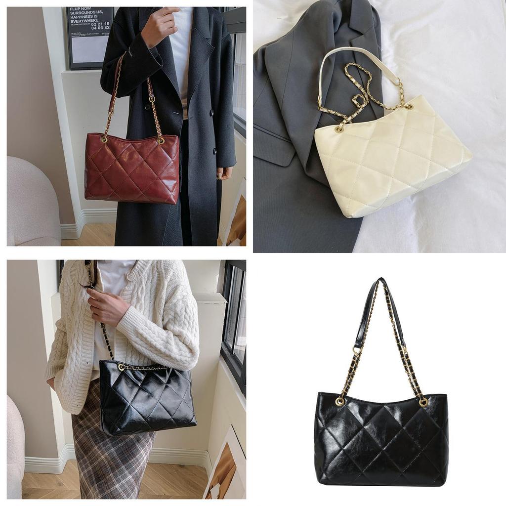 2023 Winter New Women's Bag Fashion Street Trend Shoulder Bag Retro Casual Crossbody Bag Rhombic Chain Tote Bag In Black