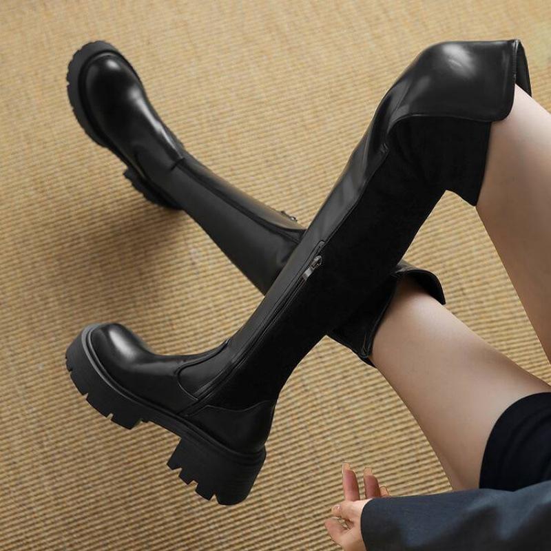 Autumn and winter women's thick-soled non-slip knee boots side zipper solid color large size leather women's boots Korean version of the new Martin