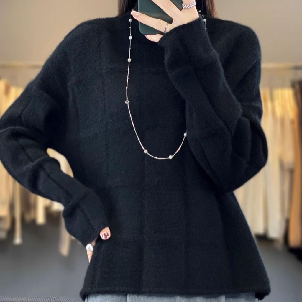 Autumn and Winter Short Sweater Women's Half High Neck Loose Solid Color Knitted Sweater Lazy Style Casual Pullover