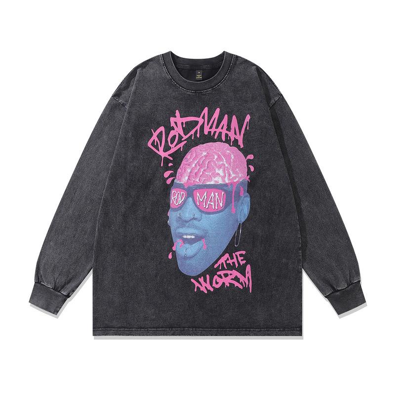 American High Street Heavy Long-Sleeved T-Shirt Men'S And Women'S Autumn And Winter Loose Retro Printed Vintage Top