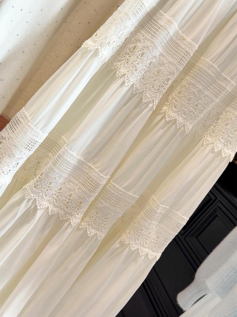 French Chic Hollow Lace Splicing High-Waisted A-Line Skirt - Women's Early Spring Casual Slim Fit