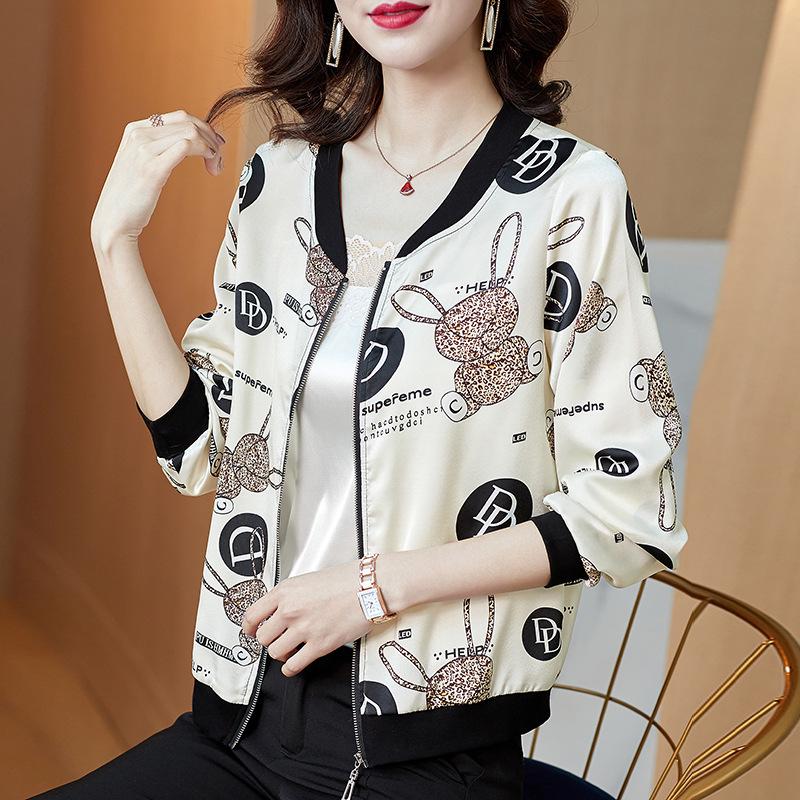Women's Korean-Style Chiffon Sun Protection Jacket, Long Sleeve, Zipper, Printed, Loose Fit, Short Length