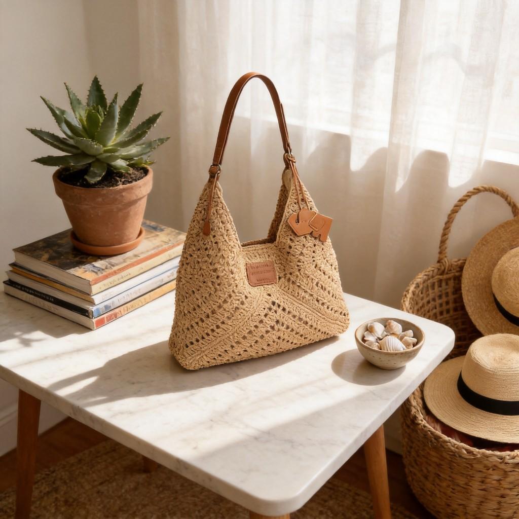 Cotton Rope Woven Bucket Bag With Drawstring Closure For Casual Travel And Day Use