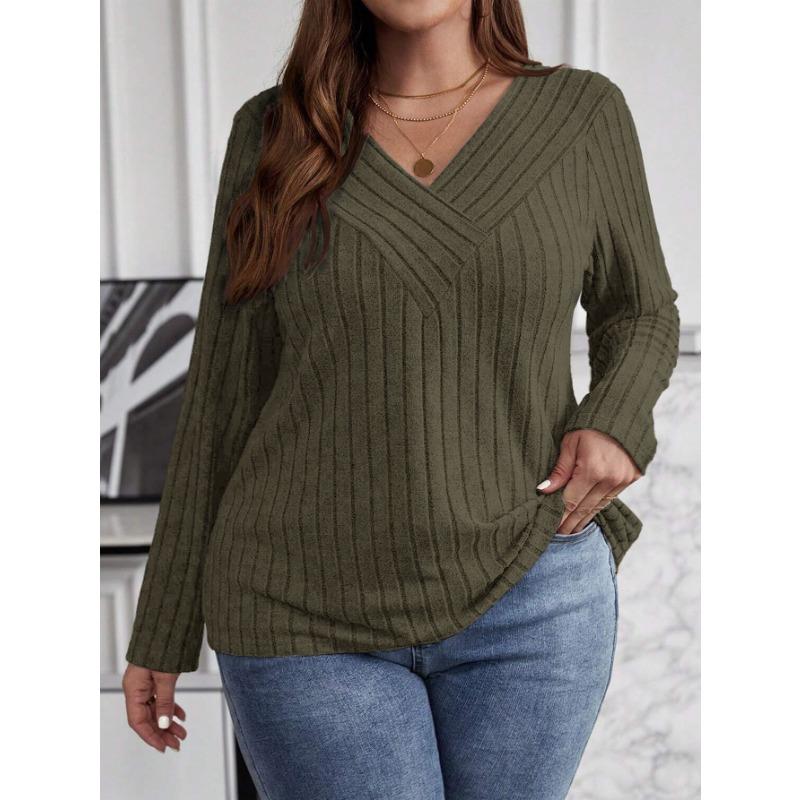 Women S V Neck Long Sleeve Pullover Top Solid Color Plus Size Brushed Ribbed Top