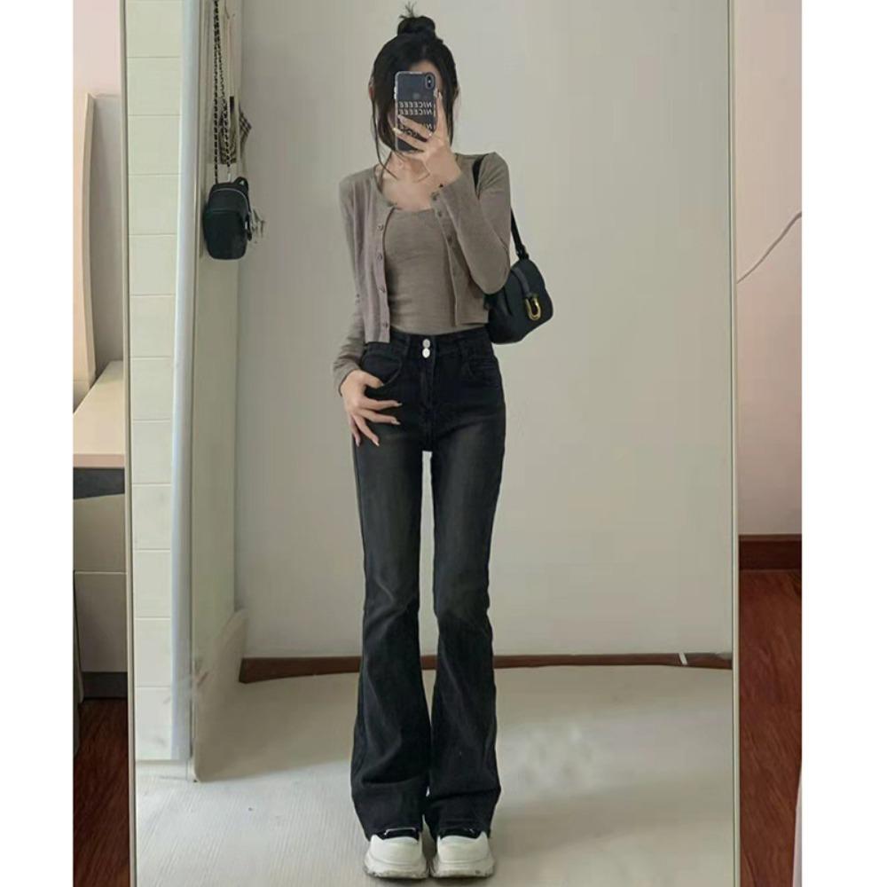 

Американские джинсы с высокой посадкой женские летние новые персонализированные уличные универсальные повседневные облегающие тонкие расклешенные брюки XL