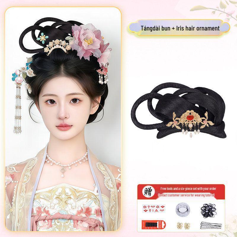 Hanfu Soft Bottom Wig with Tang & Ming Style Hair Bun Headdress for Performance