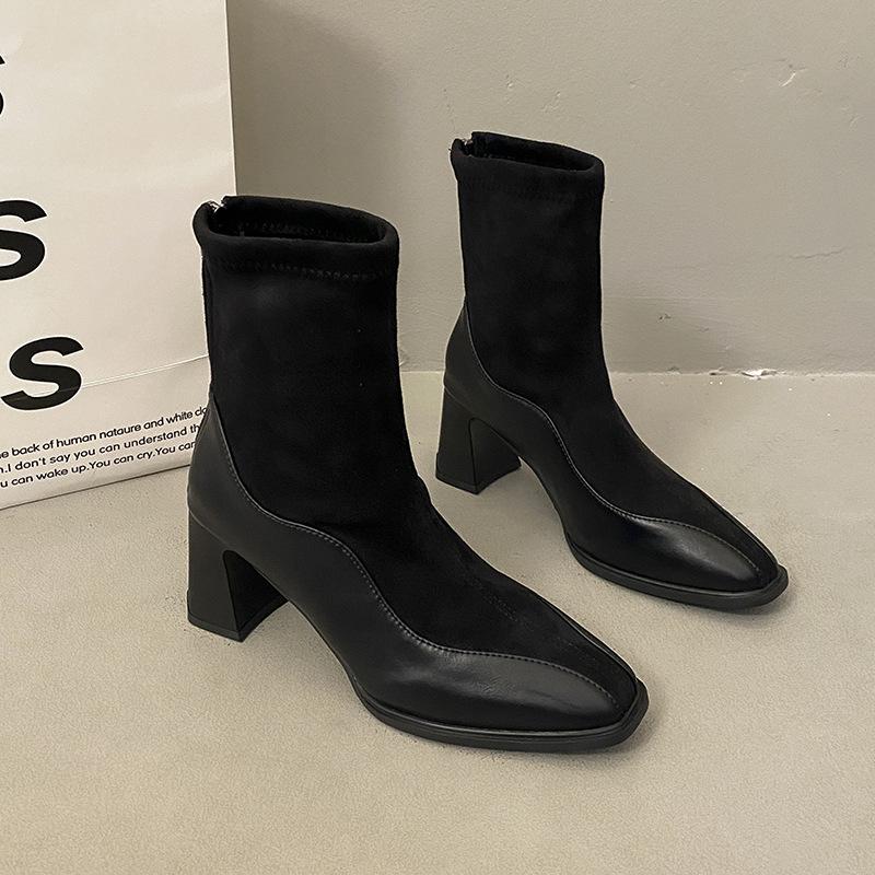 

French cowhide thin boots high heel short boots women s autumn and winter new square head temperament Martin boots slim elastic boots 35