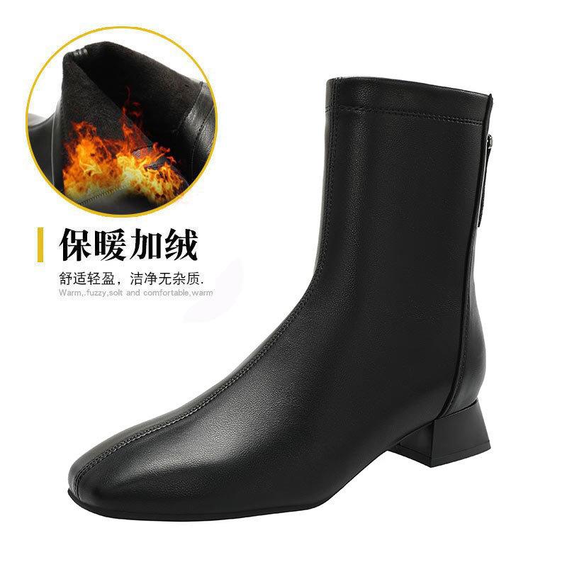 French Small Short Boots Women's Thick Heel 2025 New Autumn and Winter Women's Boots Medium Tube Low Heel Square Head Thin Boots Women's Leather Boots