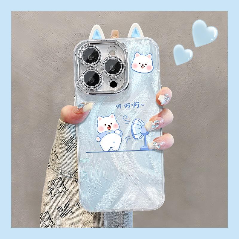 Cute fan puppy applies to Apple 13promax mobile phone case 16e feather yarn 15 cute cartoon 14 premium sense 7