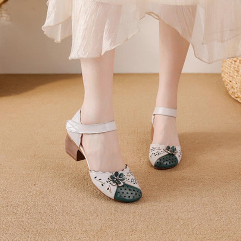 2025 Summer Genuine Leather Shoes Gladiator Sandals Women 4cm High Heels Classic Black Round Toe Hollow Ladies Sandals