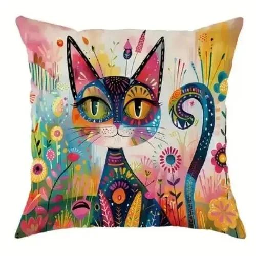 Bohemian Cat Print Pillow Cover Colorful Floral Cat Cushion Case For Sofa Bedroom Living Room, Artistic Cat Home Decor