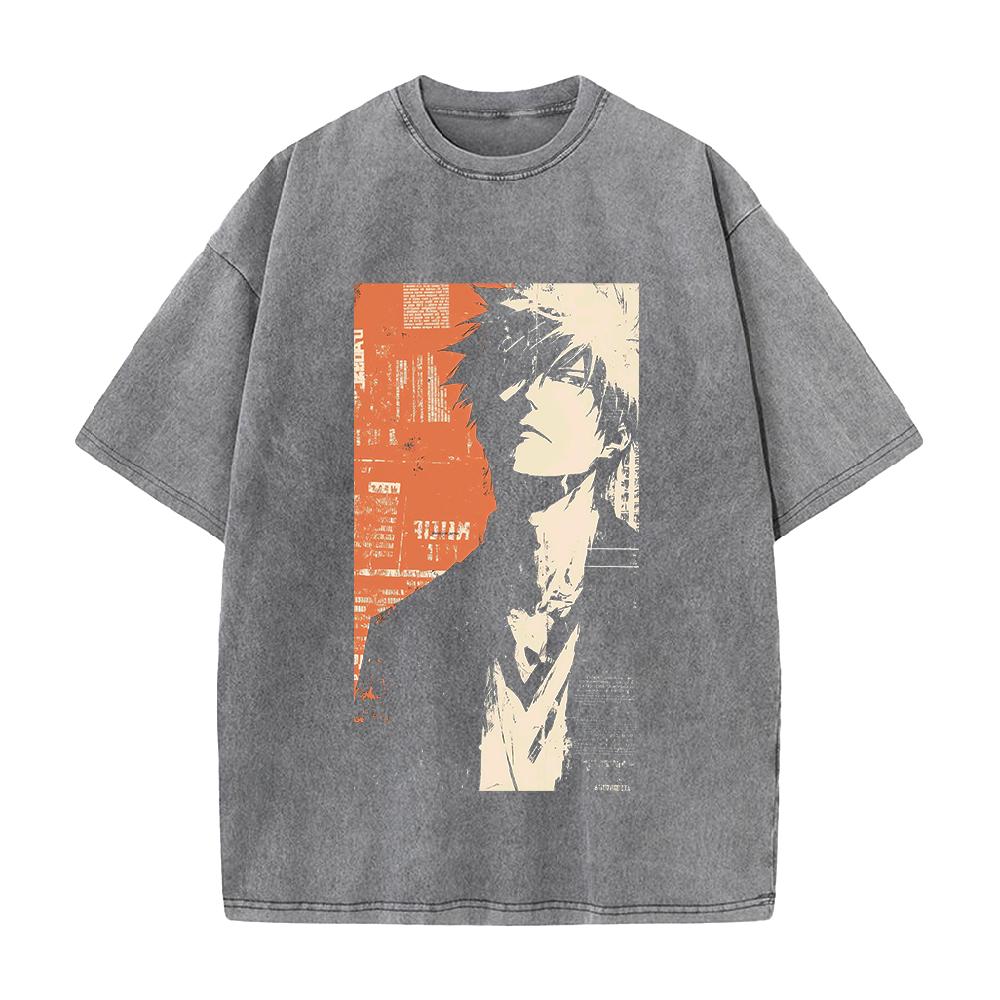 Ichigo Kurosaki BLEACH Anime Outfit Unisex Locker geschnitten Kurzarm Gewaschenes Vintage Baumwoll-T-Shirt