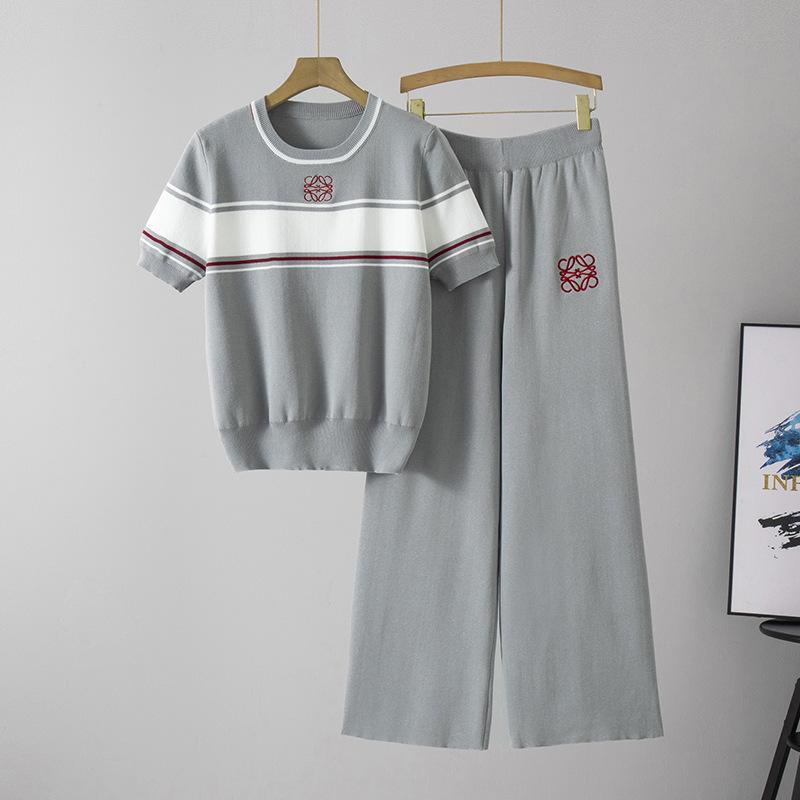 YYFS Damenmode Casual Sommer Frühling Streifendruck Kurzarm O-Ausschnitt Hosenanzüge Size: One Size graue