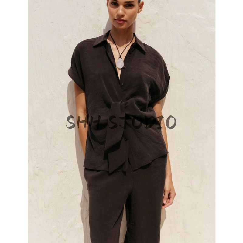 Front Bow Tie Short Sleeve V-neck Casual Shirt 2298161 High Waist Wide Elastic Waist Pants 1165608