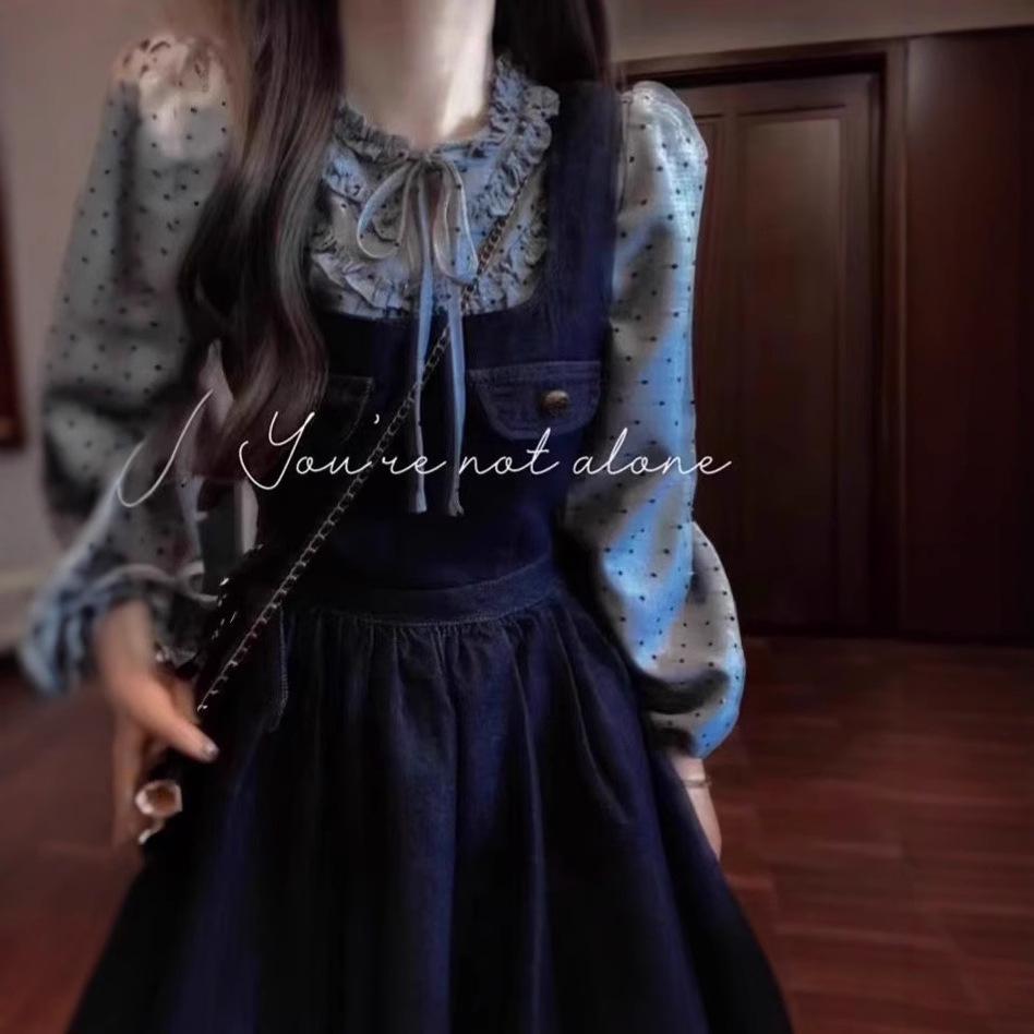 

Женский ретро комплект: рубашка в горошек и джинсовый комбинезон 2XL