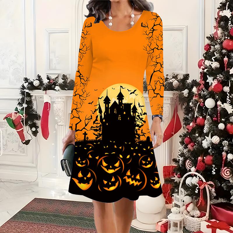 2025 Autumn & Winter Women's New Casual Crew Neck Dress 3D Halloween Pattern Ideal Halloween Christmas Gift