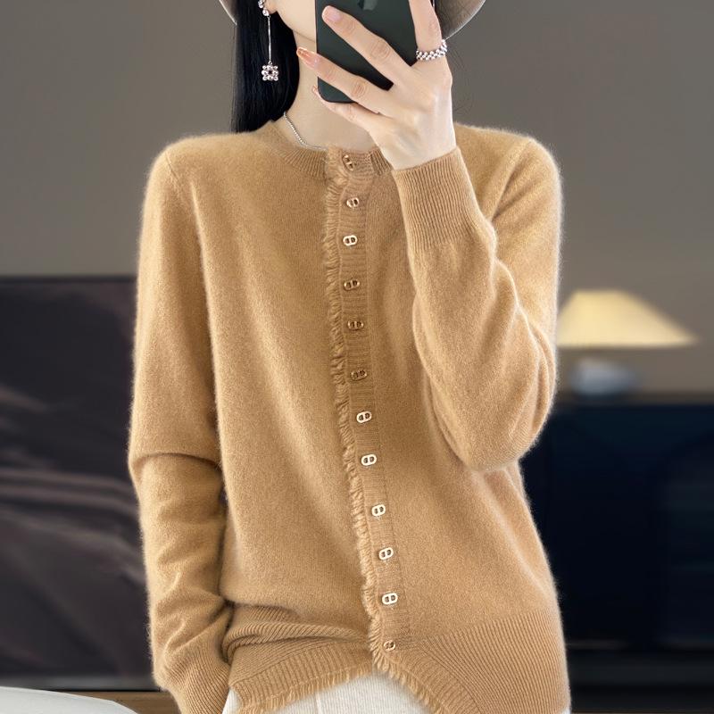 

Autumn/Winter 100% Wool Tassel Frayed Edge Knit Cardigan, Slim Fit Round Neck Sweater Coat. S (80-95 jin)