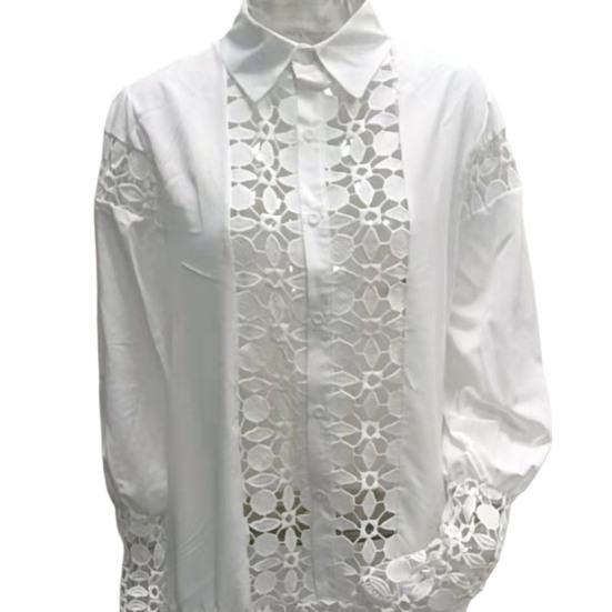 Turn-down Collar Long Sleeve Single-breasted Pullover Women Dress Hollow Out Floral Shape Shirt