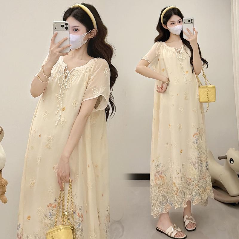 2026 Summer Korean Style Embroidered Maternity Dress 2XL