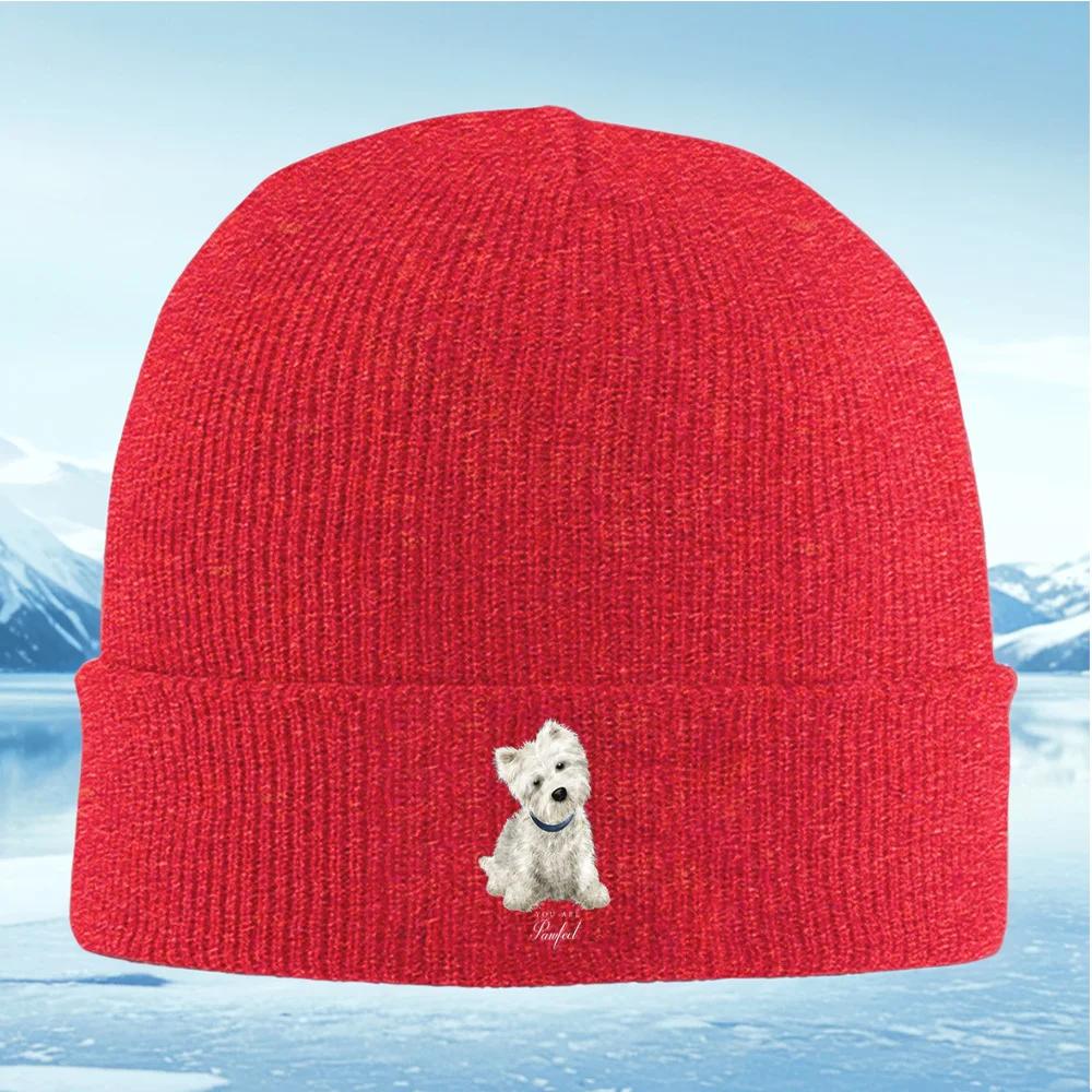 

White dog with blue collar and Knitted Hat Unisex Women Unisex Beanie Pullover Cap Winter Thermal Warm Christmas Outdoor Cycling Hi