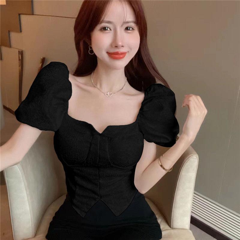 Retro White Square Neck Bubble Sleeve Irregular Short Shirt Women's Summer Unique Top