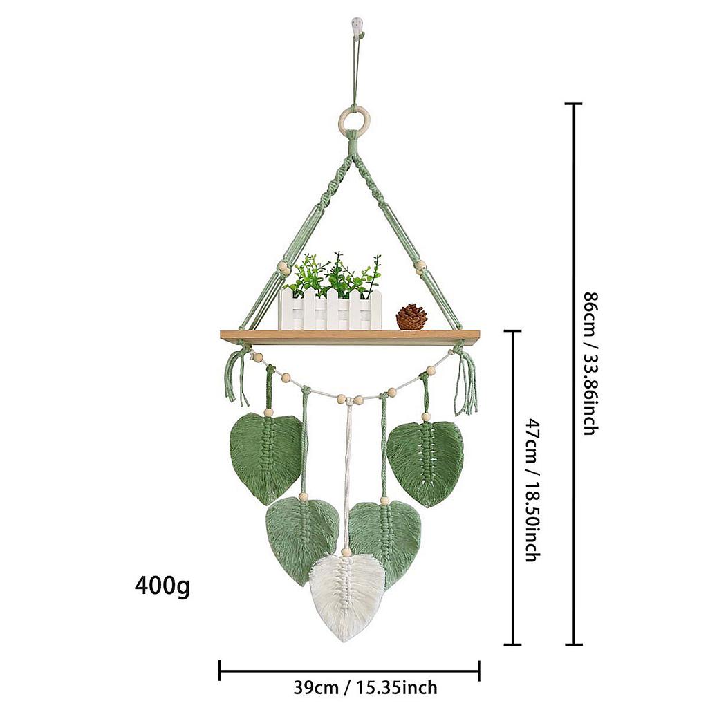 Nordic Handwoven Wall Hanging Tapestry with Shelf Leaf Design Home Decor Green 39x90cm