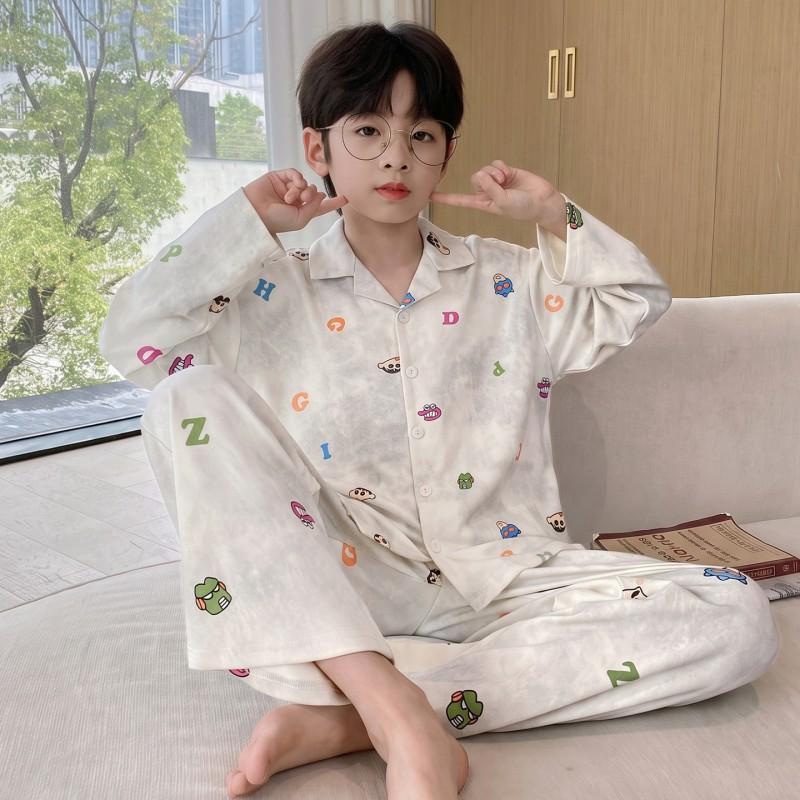 Boys Long Sleeve Cotton Pajamas Set Cartoon Print Soft Sleepwear Kids Teens Home Wear
