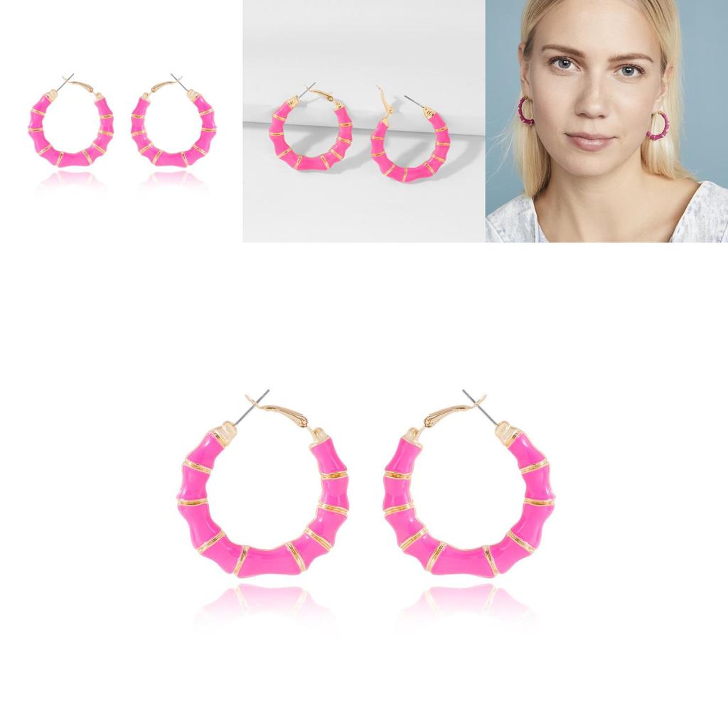 Fashionable Exaggerated Pink Bamboo Hoop Earrings For Women 2021 Summer