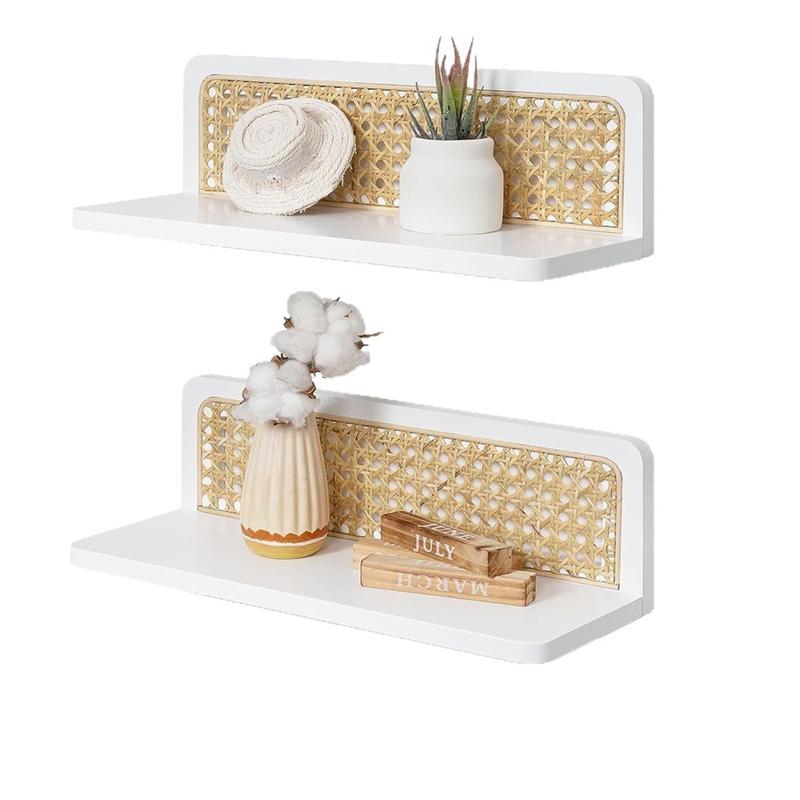 1Pc Wall Decoration Art Decoration Wooden Shelf Bohemian Style Display Rack Natural Rattan Rattan Storage Rack Wall Mounted