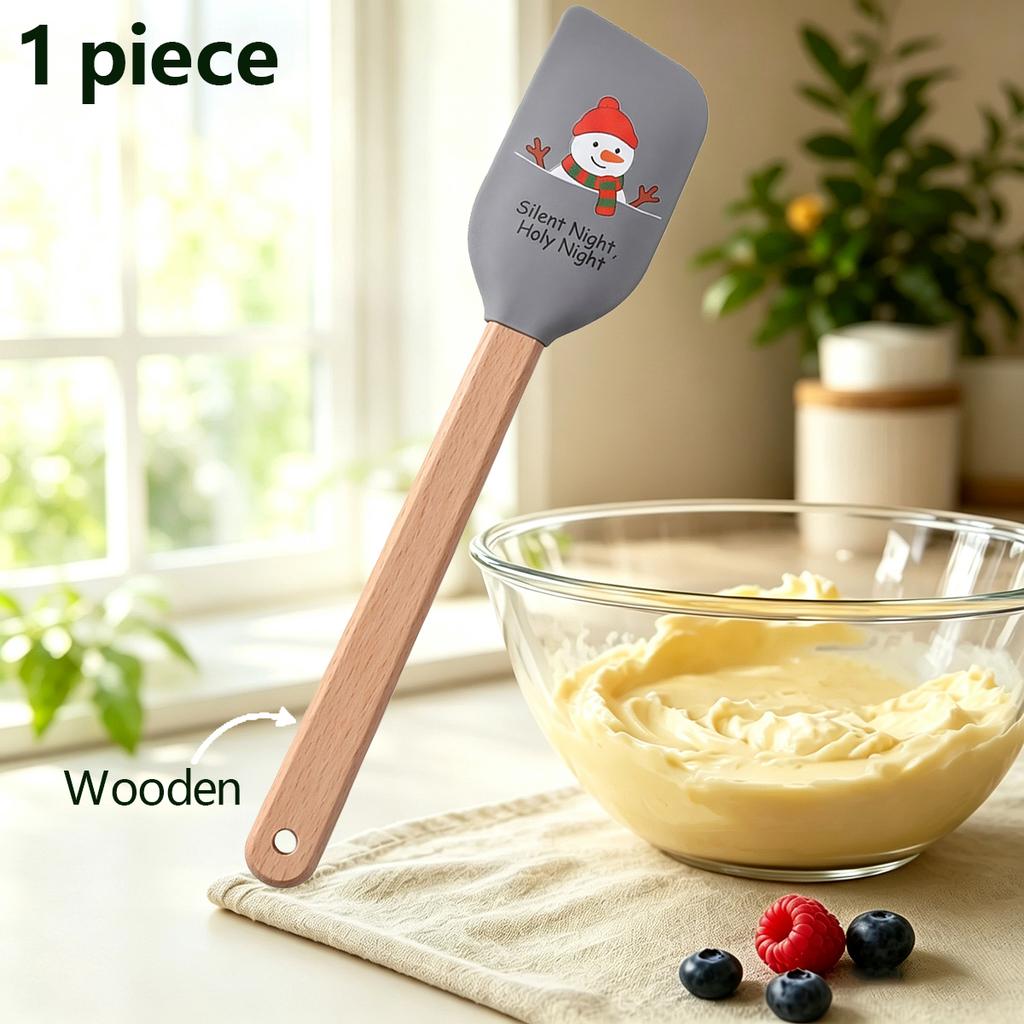 1pc Silicone Wooden Handle Baking Scraper, Christmas, Cake Cream Spatula, Household Non Stick Holiday Kitchen Utensils.