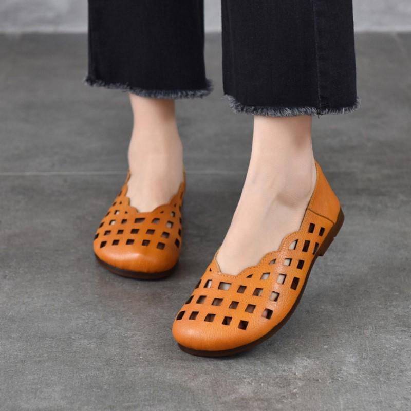 Johnature Genuine Leather Slip-on Shoes Hollow Out Breathable Soft Bottom Women's Flat Sandals