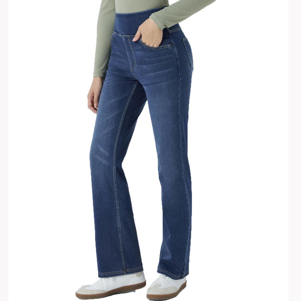 Shascullfites High Waisted Tummy Control Bootcut Jeans Blue Washed Stretchy Knit Casual Multiple Pockets Pull-On Petite Jeans