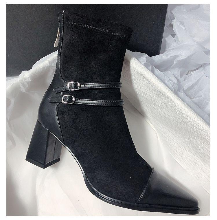 Exquisite Chunky Heel Pointed Toe Patchwork Ankle Boots - Plus Size, Mid Heel, Versatile, and Stylish Women's Elastic Skinny Boots