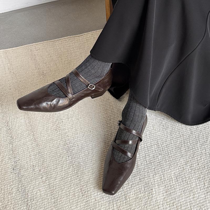 The Same Retro Mary Jane Single Shoes Women's 2025 Spring New Flat Bottom Square Head Buckle Belt Leather Women's Shoes