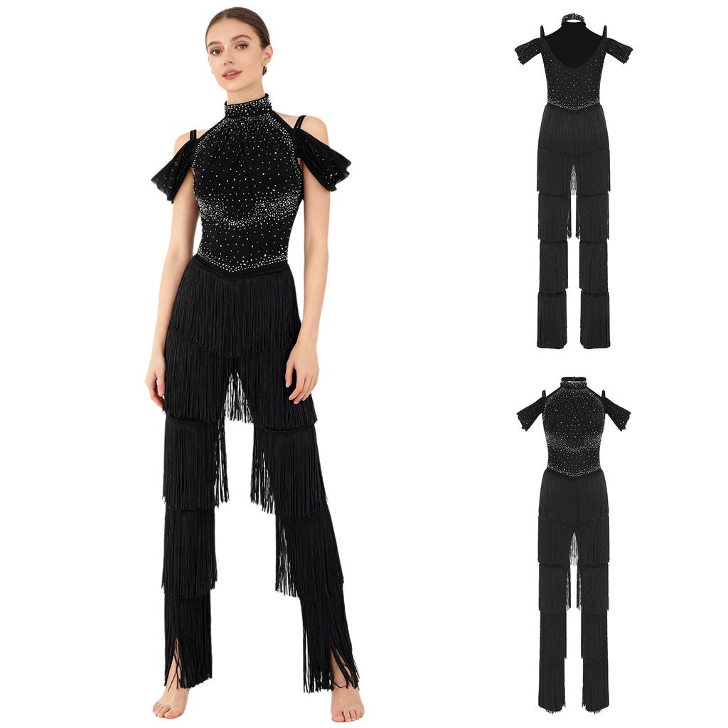 Women's Latin Dance Party Jumpsuit S-XXL: Halter Off Shoulder Backless Rompers with Rhinestones Tiered Tassels for Samba Rumba Ballroom