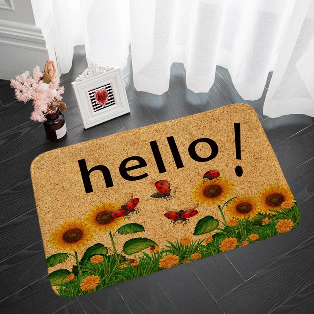 Sunflower Pattern Door Mat with Hello and Welcome Quotes, Natural Coir Rug, Non Slip Entrance Mat for Home Decor and Porch