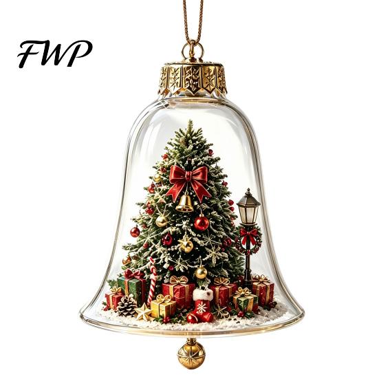 Clear Acrylic Christmas Ornaments 3D Bell Ornament, Winter Scene Decoration with Santa Immersive Wonderland Snowman Reindeer Angel Tree Inside