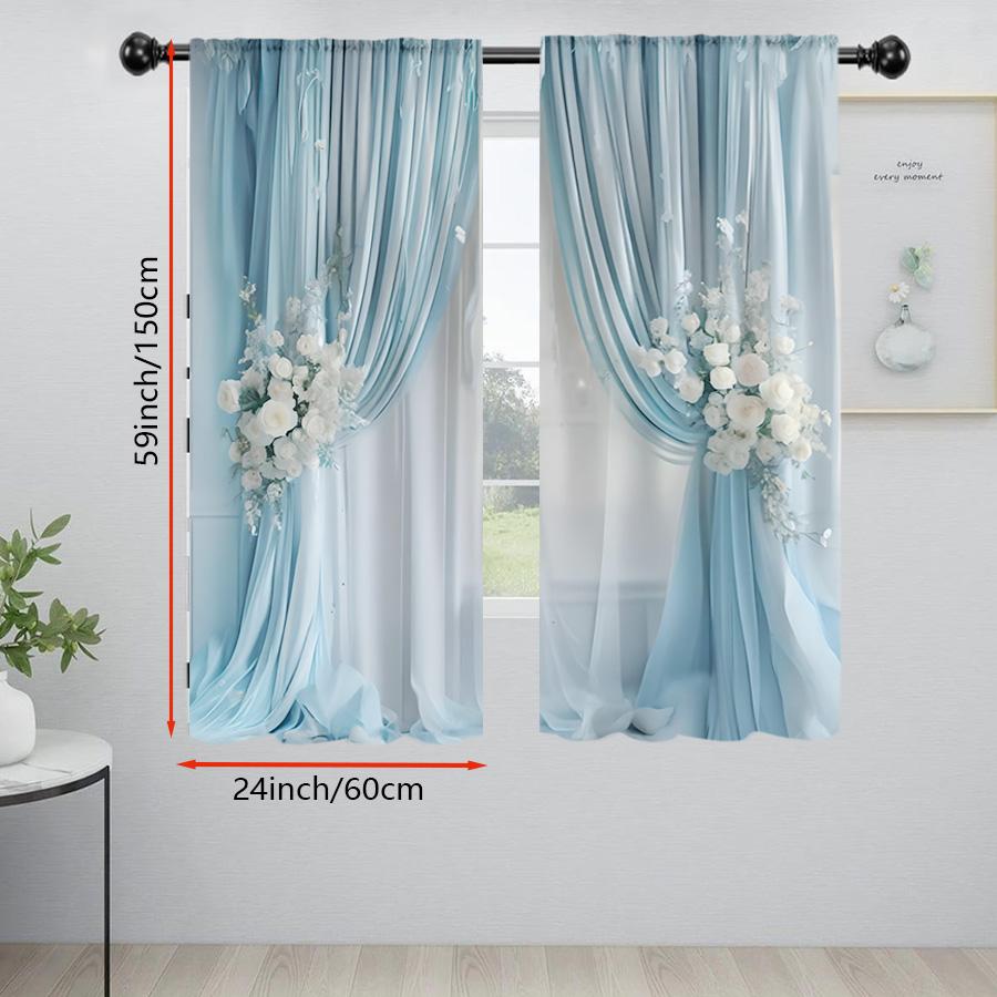2PCS Blue White Rose Flower Curtains, Elegant Floral Print, Window Drapes for Living Room Bedroom Home Decoration