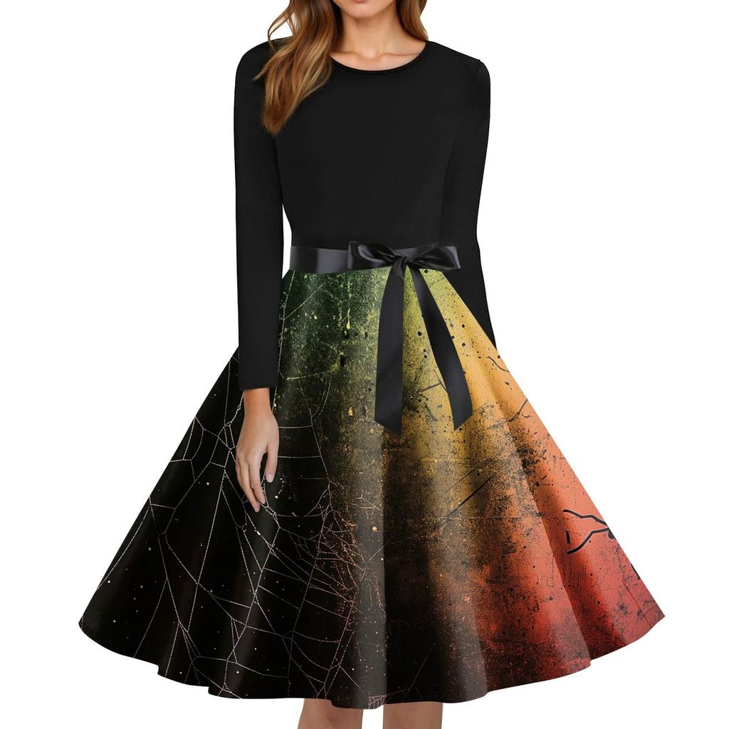 Women's Fashion O-Neck Casual Slim Fit Halloween Printed Long Sleeve Dress