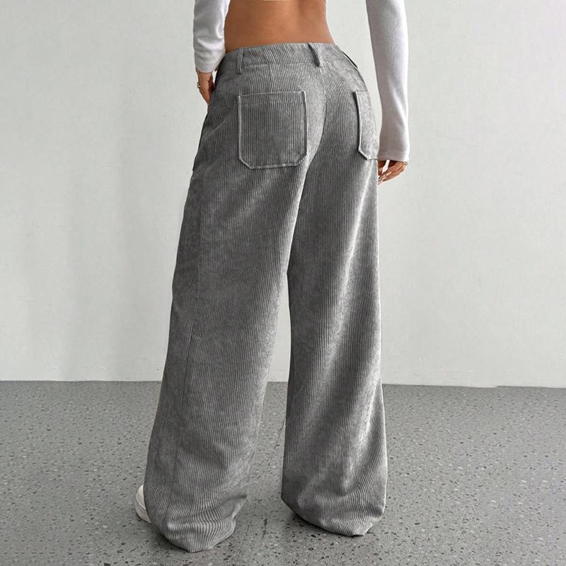 Dámské podzimní zimní ležérní jednobarevné kapsy s vysokým pasem manšestrové kalhoty s rovnými nohavicemi