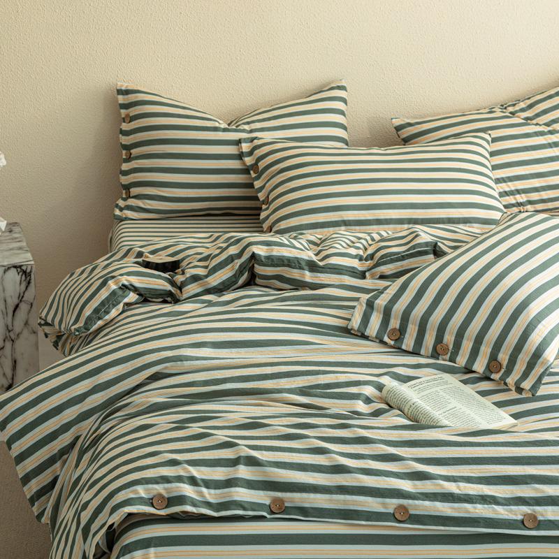 Double-Layer Plaid Bedding Set: All-Season Button-Down Stripe Duvet Cover, Student Dorm Bed Sheet, 3-Piece Set