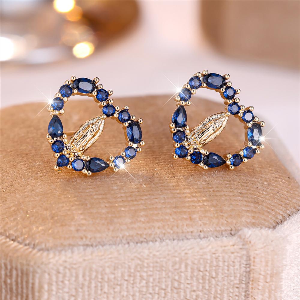 Cute Female Stone Pink Blue Zircon Love Heart Stud Earrings Gold Color Wedding Jewelry For Women